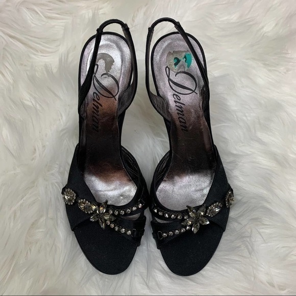 DELMAN black satin & crystal slingback heels 8 - Picture 3 of 16